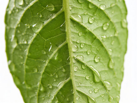 Green leaf with water drops on white background. Close-up.