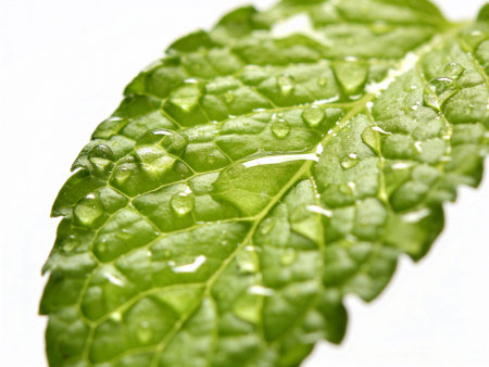 Fresh mint leaf macro close up with water drops on white background.