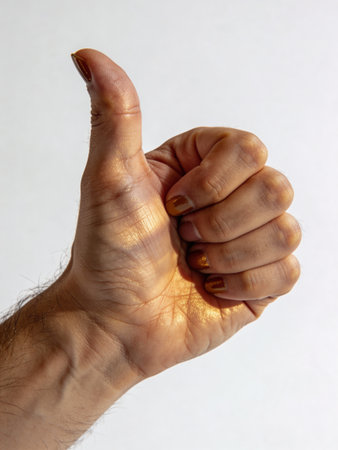 Male hand showing thumbs up gesture on white background. Close up.の写真素材