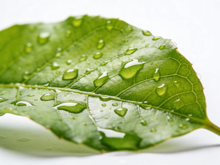 Green leaf with water drops isolated on white background. Close up.