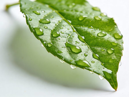 Green leaf with drops of water on a white background. Macro.