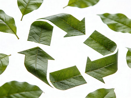 Green leaves on white background. Recycling symbol. Flat lay.