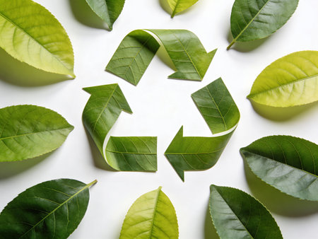 Recycling symbol made of green leaves on white background, top view