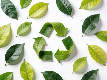 Recycling symbol made of green leaves on white background, flat layの写真素材