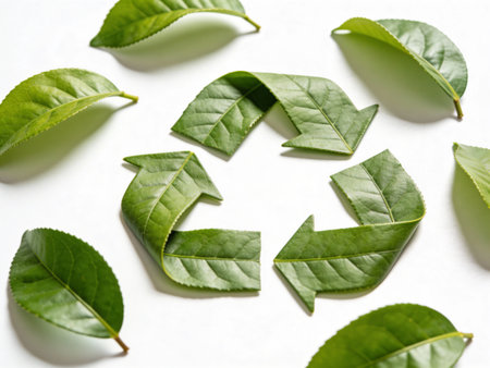 Green tea leaves with recycle symbol on white background. Top view.の写真素材