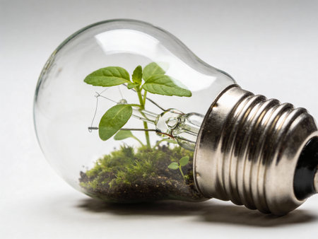 Green plant in a light bulb on a white background. Environmental concept.