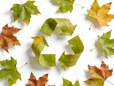 Recycle sign made of autumn leaves on white background. Flat lay, top view
