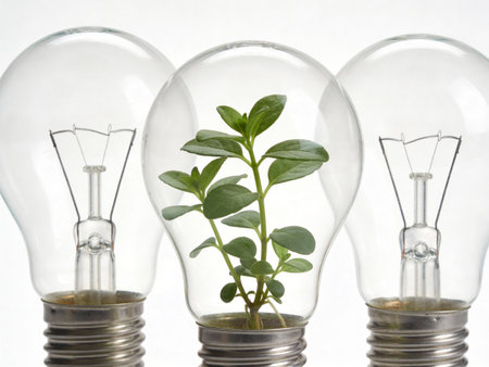 Green plant growing inside of light bulbs isolated on white background. Alternative energy concept.