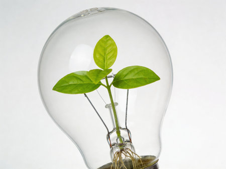 Green plant in a light bulb on a white background with copy space
