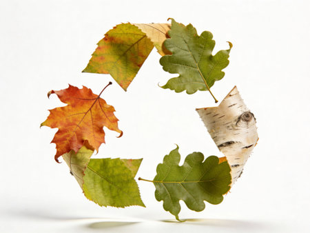 Recycle symbol made of autumn leaves on white background. Recycling conceptの写真素材