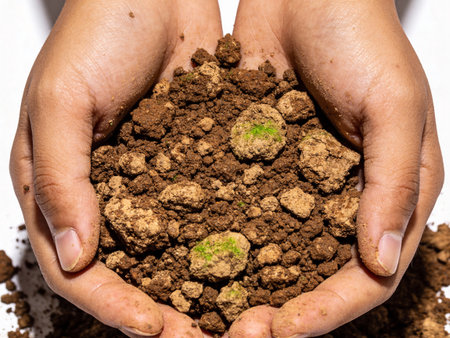 Hand holding soil with plant seedling on white background
