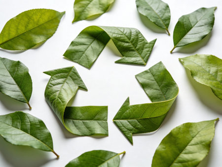 Green leaves on white background, flat lay. Recycling conceptの写真素材