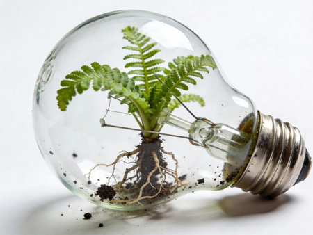 Green fern growing inside a light bulb, concept of environmental conservationの写真素材