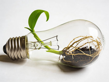 Light bulb with green sprout growing out of it. Ecology concept.の写真素材