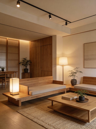 Interior design of a Japanese style living room with a wooden sofaの写真素材