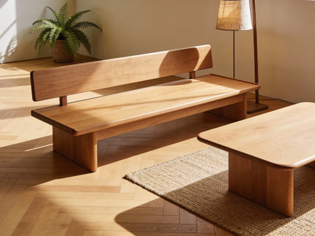 Interior of a modern living room with wooden bench and table lampの写真素材