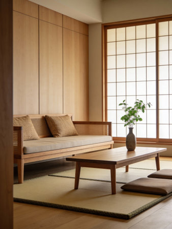 Japanese style living room with wooden furniture and tatami mat.の写真素材
