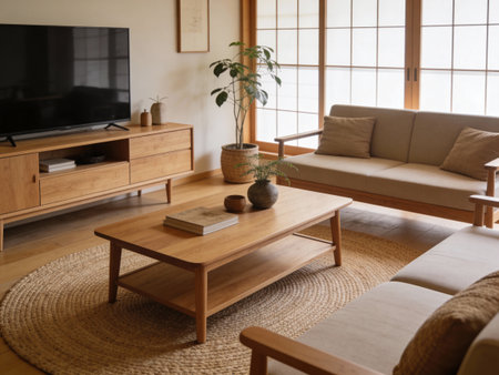 Interior of Japanese style living room with sofa, coffee table and TVの写真素材
