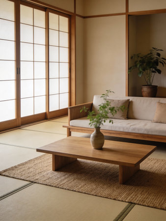 Japanese style living room with wooden furniture and tatami mat.
