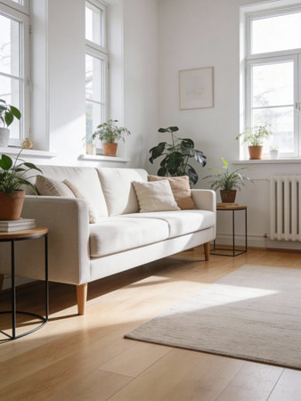 interior of modern living room with white sofa, plants and windowの写真素材