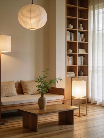 interior of modern living room with sofa, bookshelf and lampの写真素材