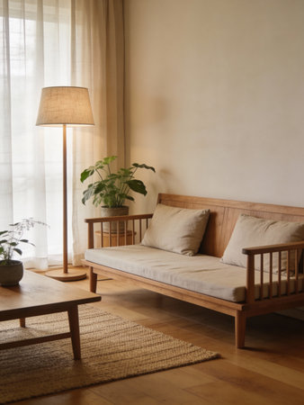 Interior of a living room with a sofa and a table lampの写真素材