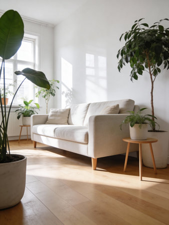 Modern living room interior with a white sofa and plants. Nobody inside