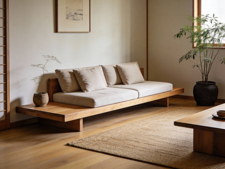 Sofa in Japanese style living room interior. 3D rendering