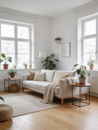 modern living room interior with sofa, plants and coffee table in scandinavian style