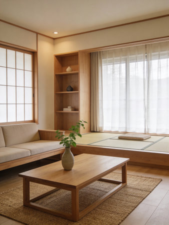 Interior of a living room in japanese style, wooden furnitureの写真素材