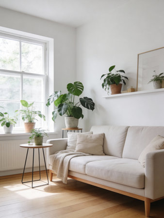 Modern living room interior with sofa and plants, scandinavian styleの写真素材