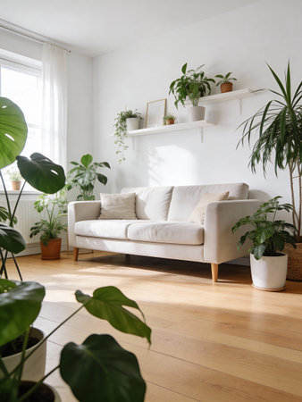interior of modern bright living room with white sofa and houseplants
