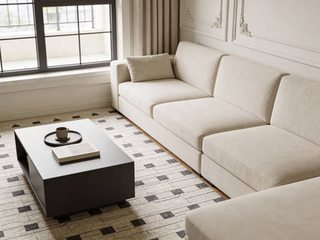 Interior of a living room with a sofa and a coffee table