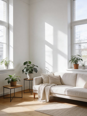 Living room interior with white sofa, coffee table, plants and windowの写真素材