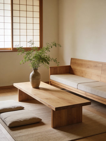 Interior of a Japanese room with a wooden sofa and a vaseの写真素材