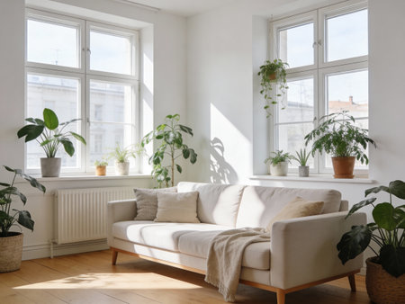 interior of modern living room with white sofa, plants and window