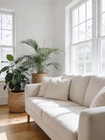 modern living room with white sofa and plants in wicker vaseの写真素材