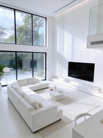 interior modern bright living room, view of the sofa and fireplaceの写真素材