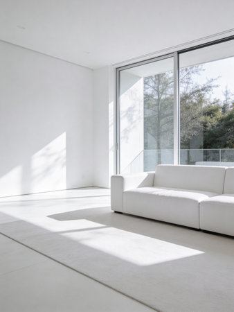 interior modern house, white sofa view from the window, nobody insideの写真素材