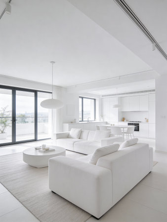 interior of new luxury house, white sofa and modern kitchen view