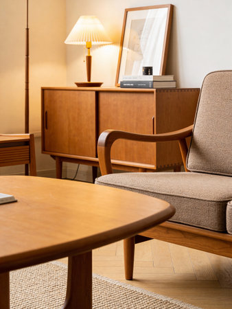 Interior of a room with a brown sofa and a lampの写真素材