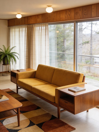Interior of a living room with sofa and tableの写真素材