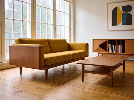 Interior of a living room with a brown sofa and a coffee table