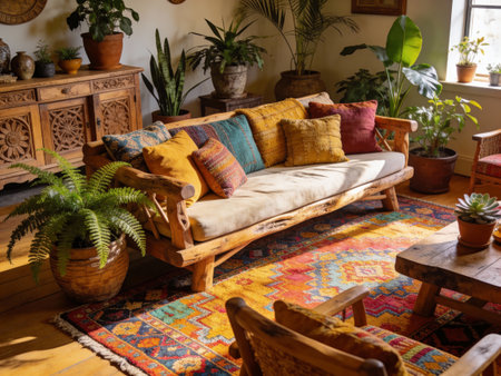 Interior of a living room with a sofa, pillows and plantsの写真素材