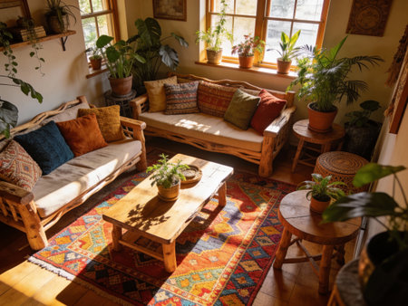 Interior of a cozy living room with plants and wooden furniture.