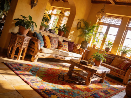 Interior of a beautiful villa with a sofa and a tableの写真素材