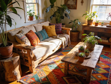 Interior of a living room with a sofa, a coffee table and plantsの写真素材