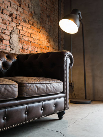 Luxury leather sofa and lamp in living room interior - Vintage Light Filterの写真素材