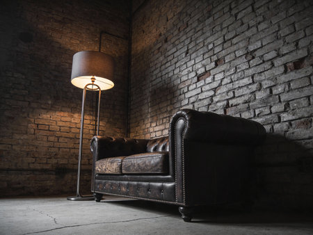 Luxury leather sofa and lamp in loft style room with brick wallの写真素材