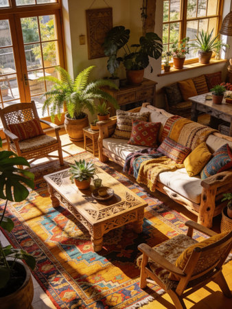 Interior of a cozy living room with furniture and plants in potsの写真素材